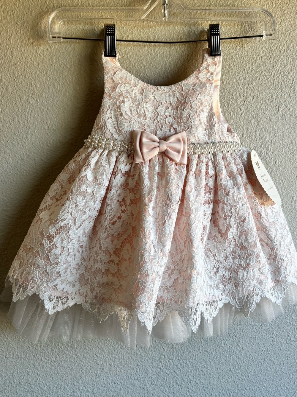 Pink Lace Pearl Bow Baby Dress 24 Months